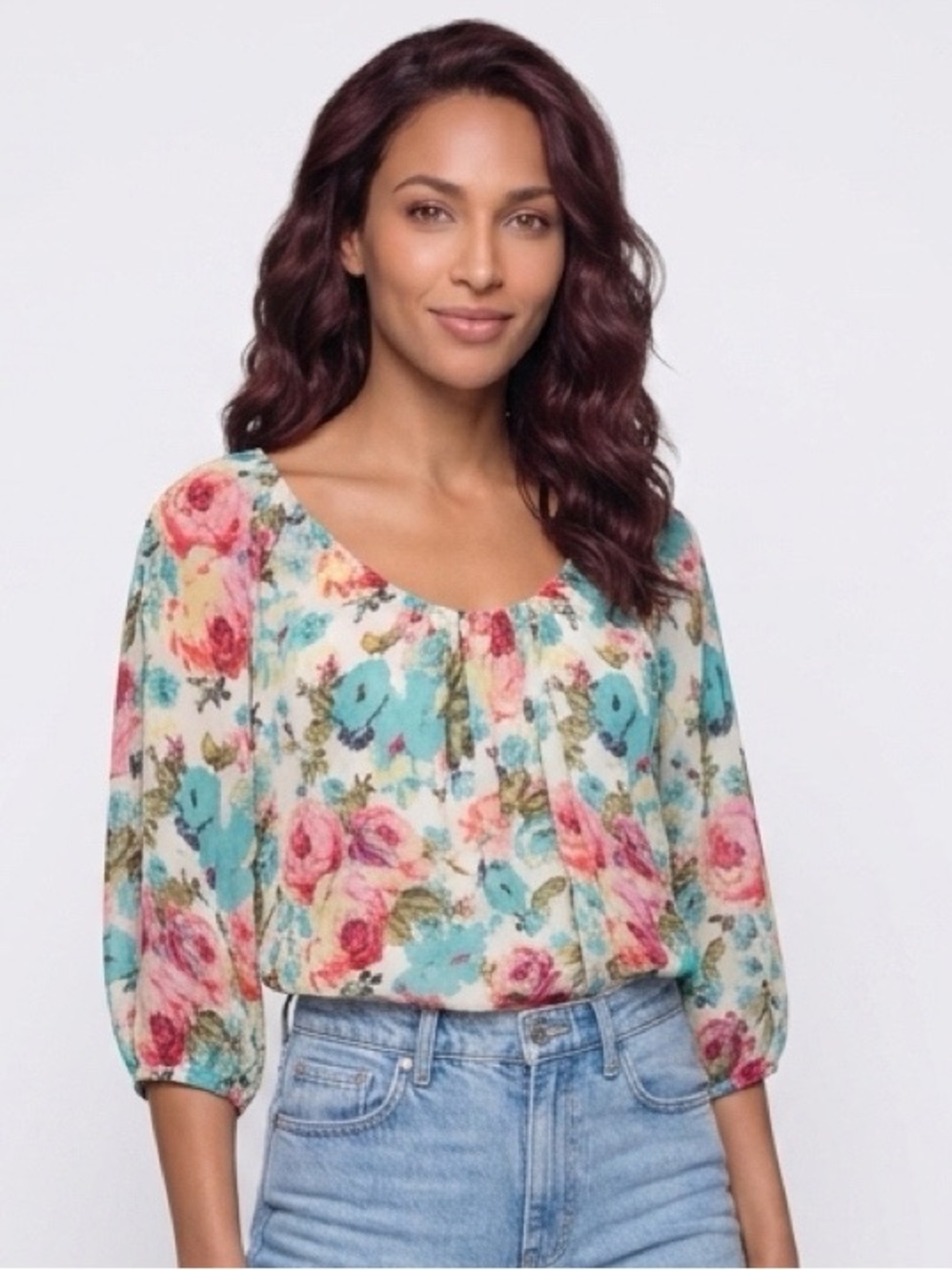 Pleione Floral Blouse in Turquoise, Pink, Green